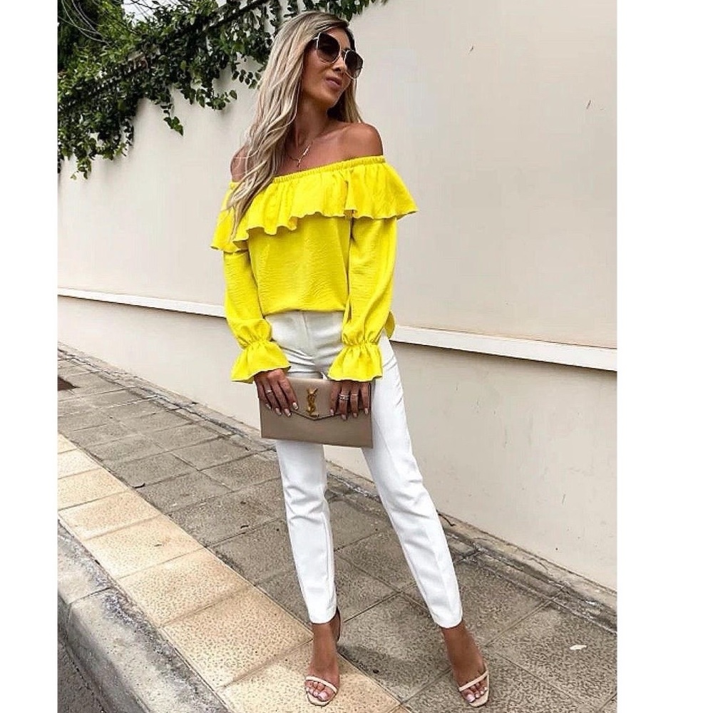 Yellow Long Sleeve Off Shoulder Ruffle Top Blouse - Picture 8 of 10